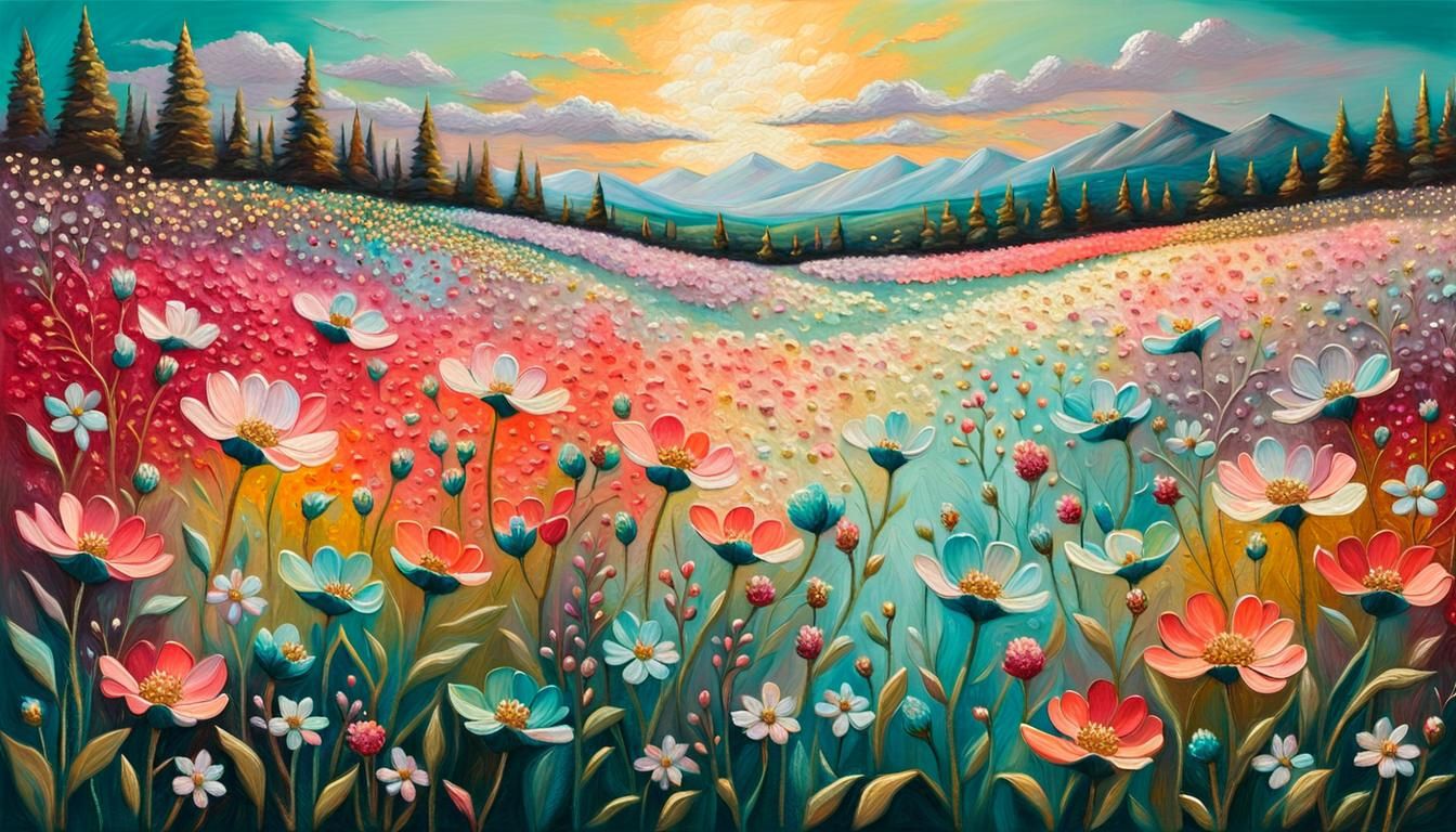Pastel Wildflower Landscape in Impressionistic Relief
