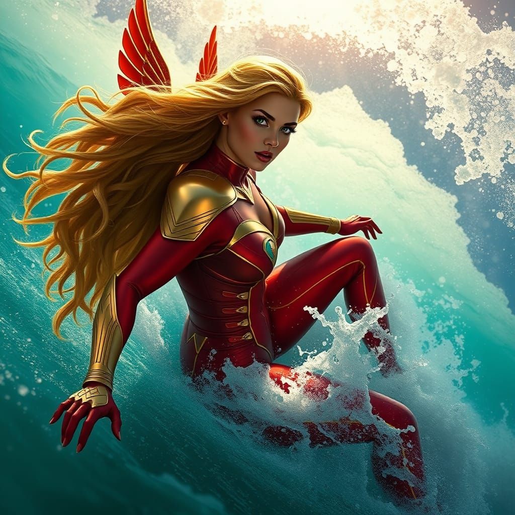 Superheroine Rides a Wave with Angel Wings