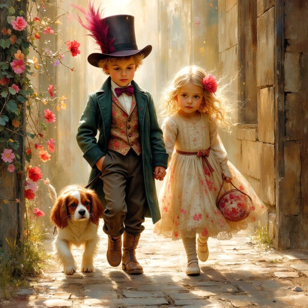 Children Walking Puppy on Cobblestone Path