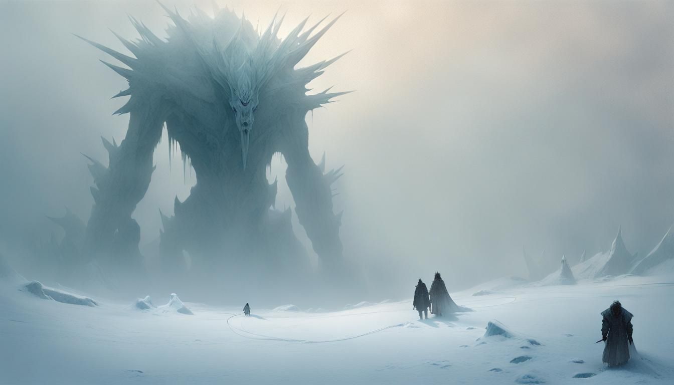 Frozen Panorama with Giant Monsters in Art Nouveau Style