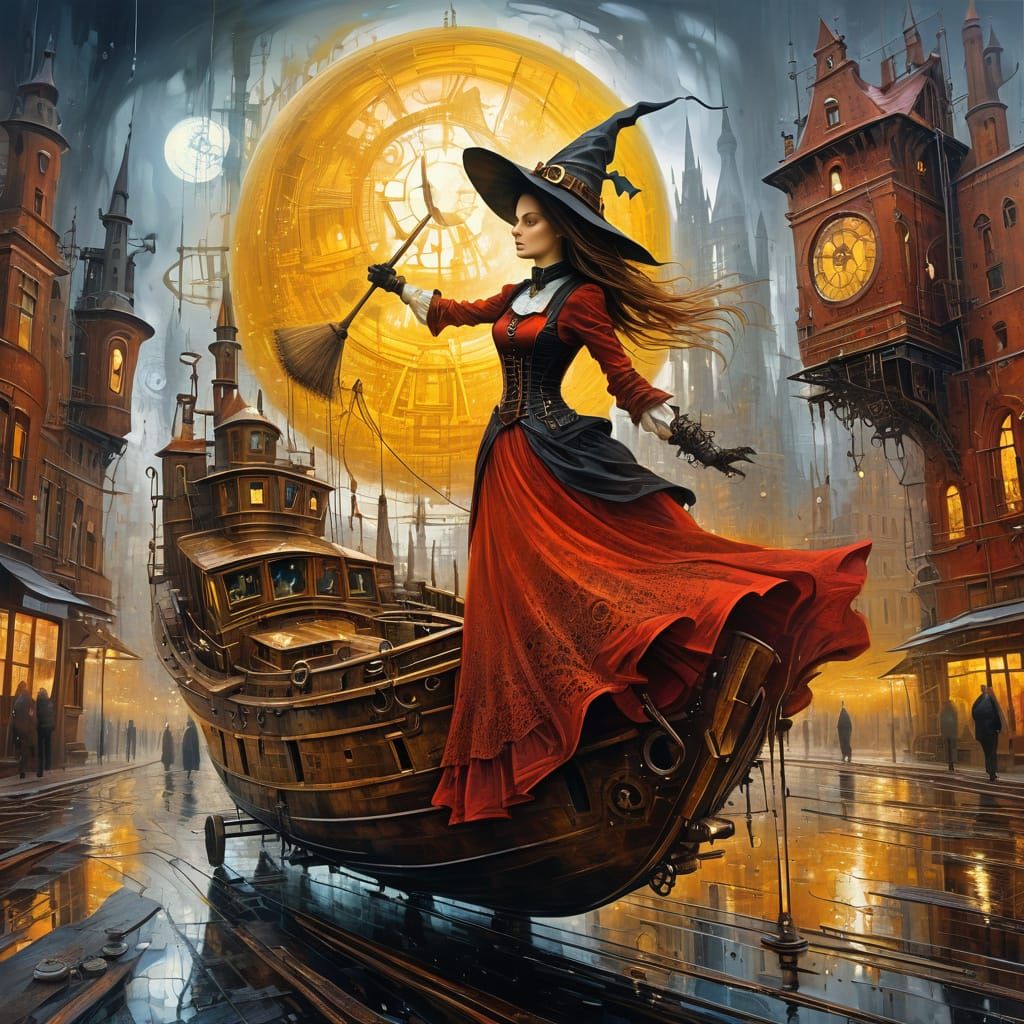 Witch Carpenter Building Magical Boat in Steampunk City