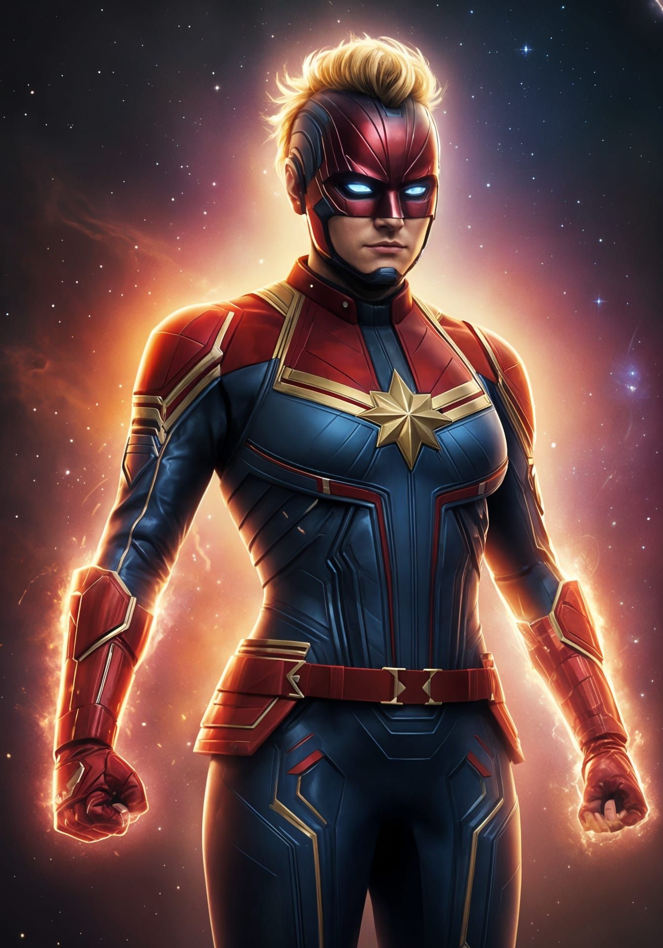 Hyperrealistic Superhero Captain Marvel in Futuristic Armor