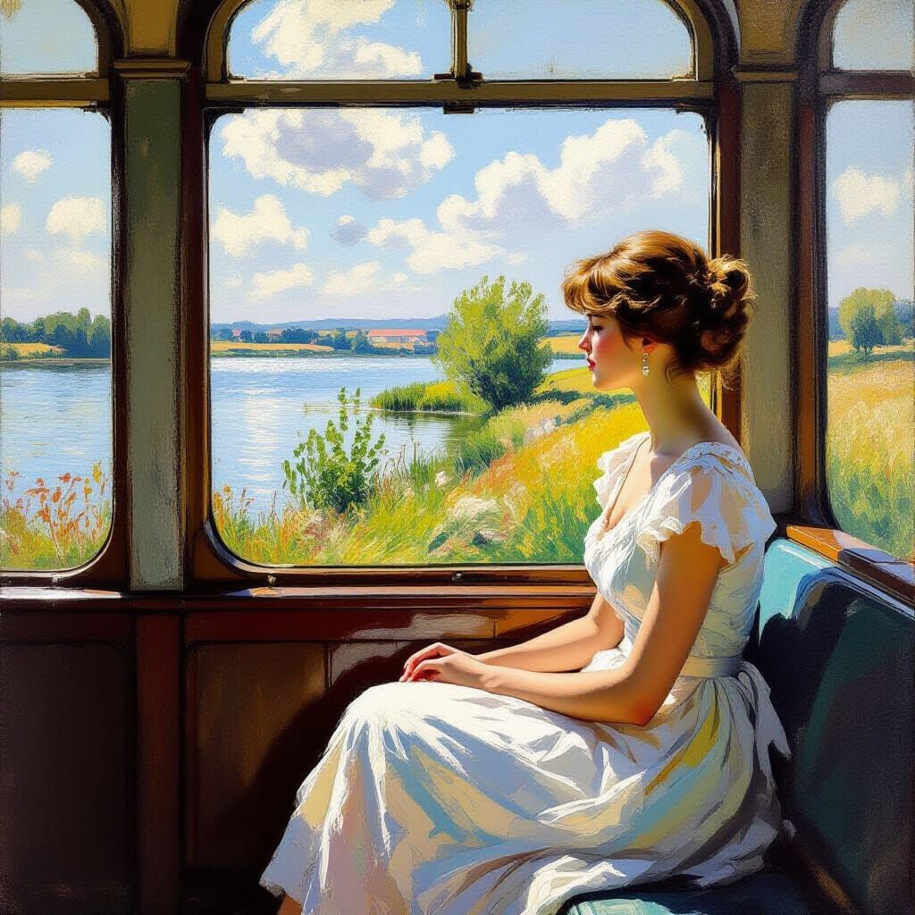 Elegant Girl on Train, Impressionistic Lakeside View