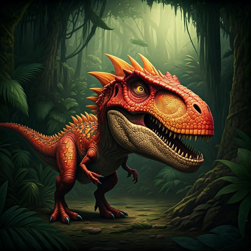 Red and Orange Spirited Dinosaur in Jungle