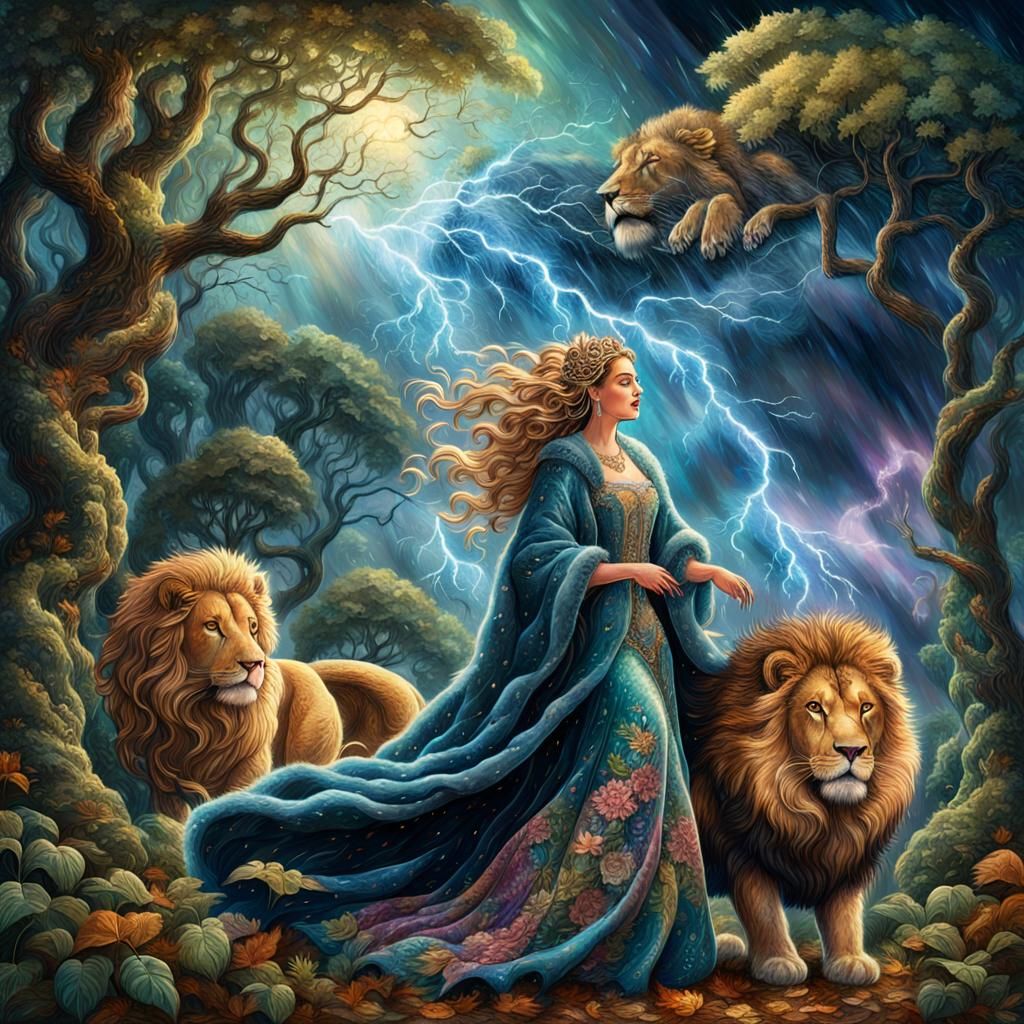 Lady and Lion in Storm, Fantasy Illustration