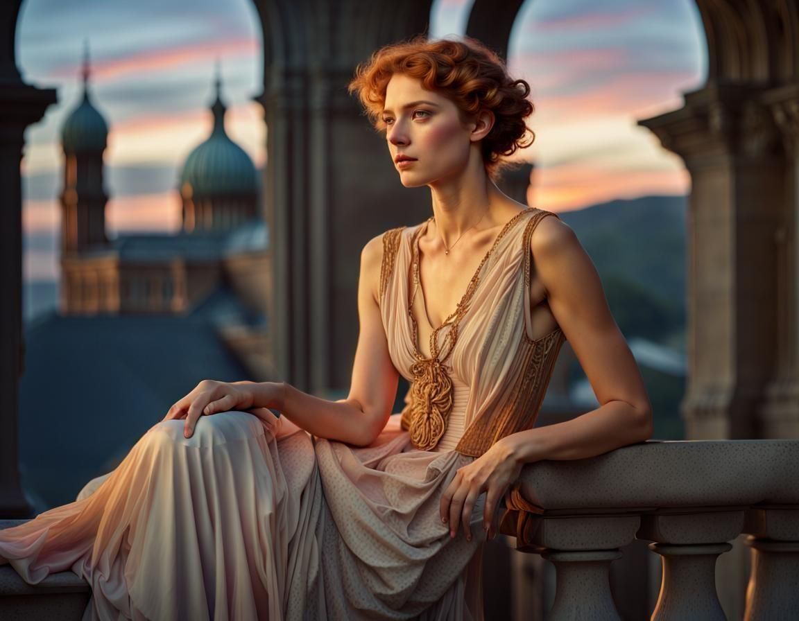 Renaissance Art Deco Woman in Dreamy Sunset Light