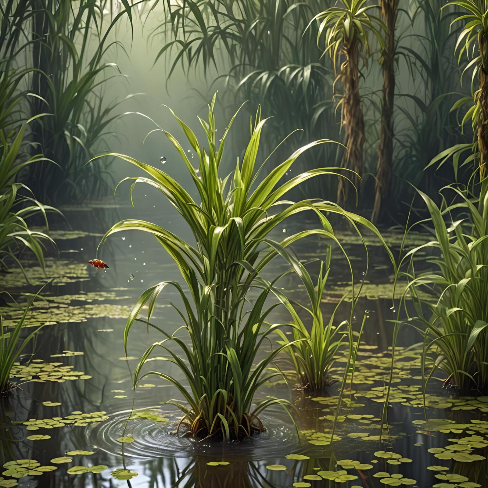 Spider Plant and Leaping Fish in Swamp