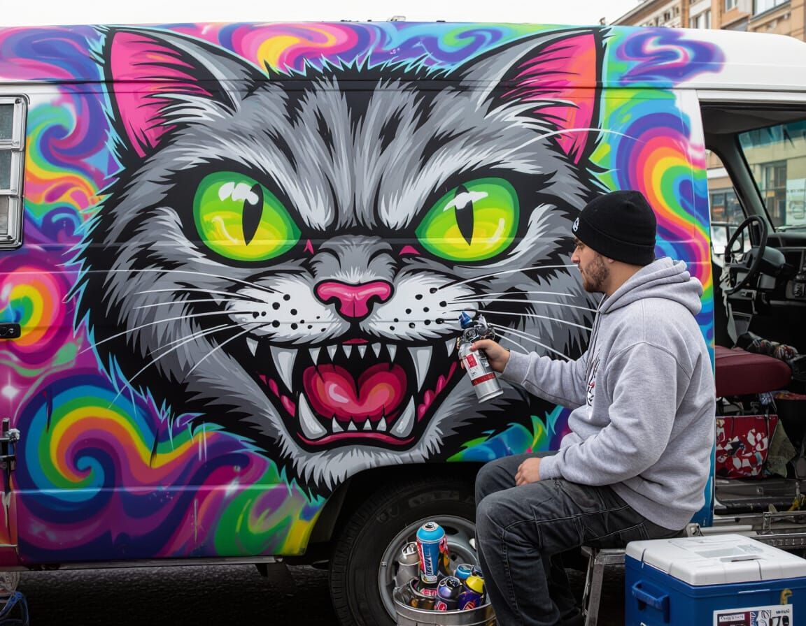 Cartoon Cat Van Mural in Street Art Style