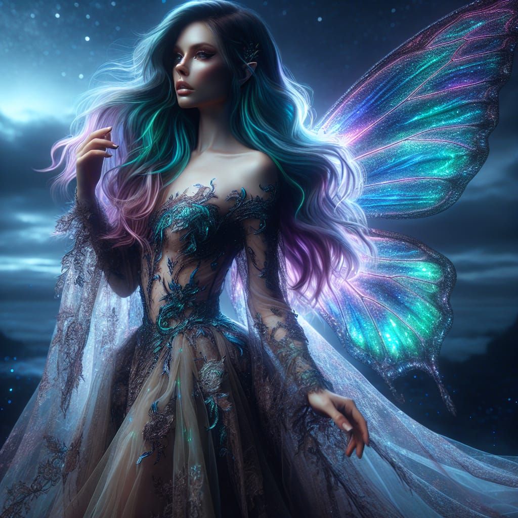 A beautiful Nymph with teal to purple hair. Iridescent glowi...