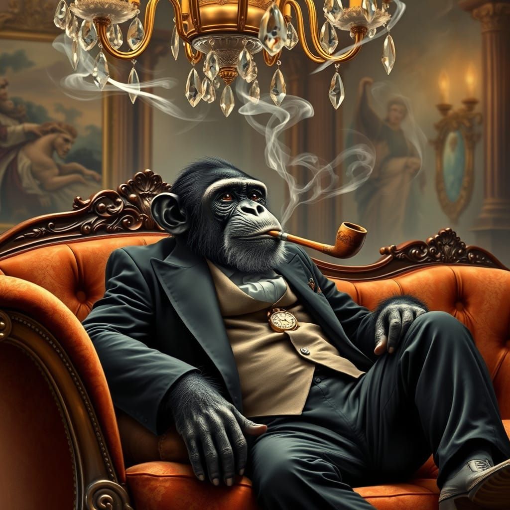 Sophisticated Chimpanzee in Georgian Style Velvet Sofa Scene