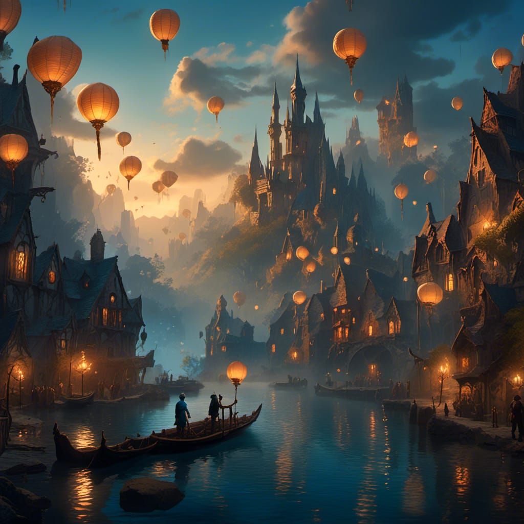 Bustling Trade City on Bioluminescent River