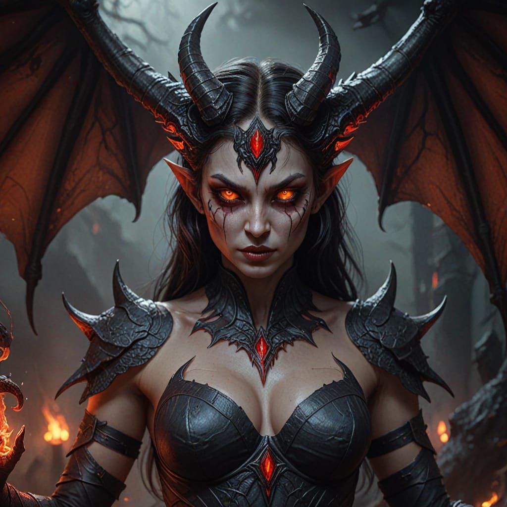 Dark Fantasy Demoness with Fiery Wings