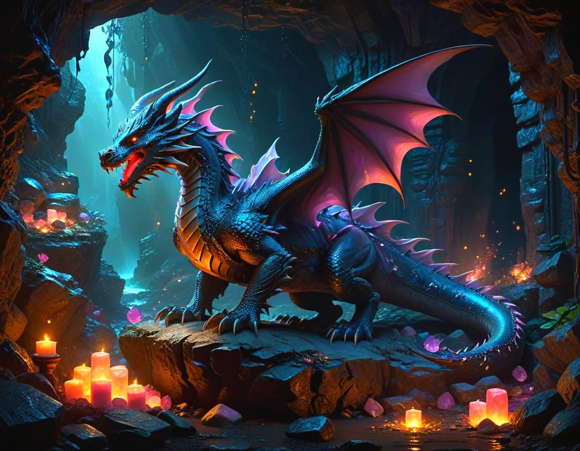 Majestic Dragon Guards Opal Treasure in Ethereal Cave