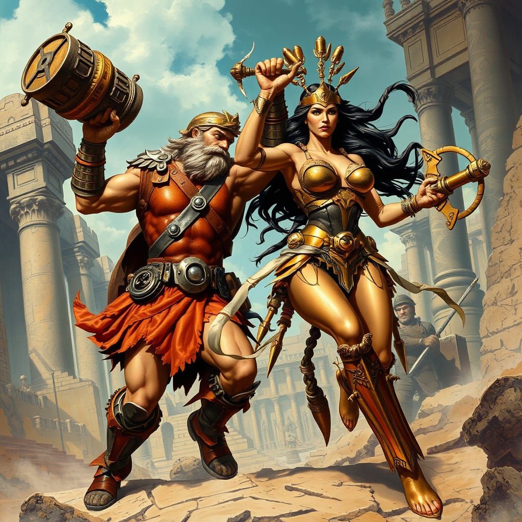 Hercules Battles Steam-Powered Amazon in Industrial Futurist...