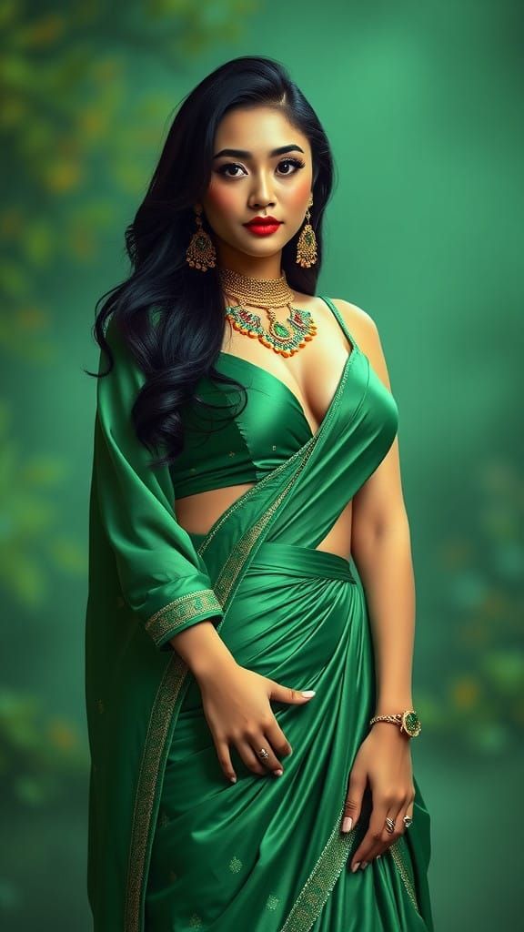Elegant Korean Woman in Green Lehenga and Long Hair
