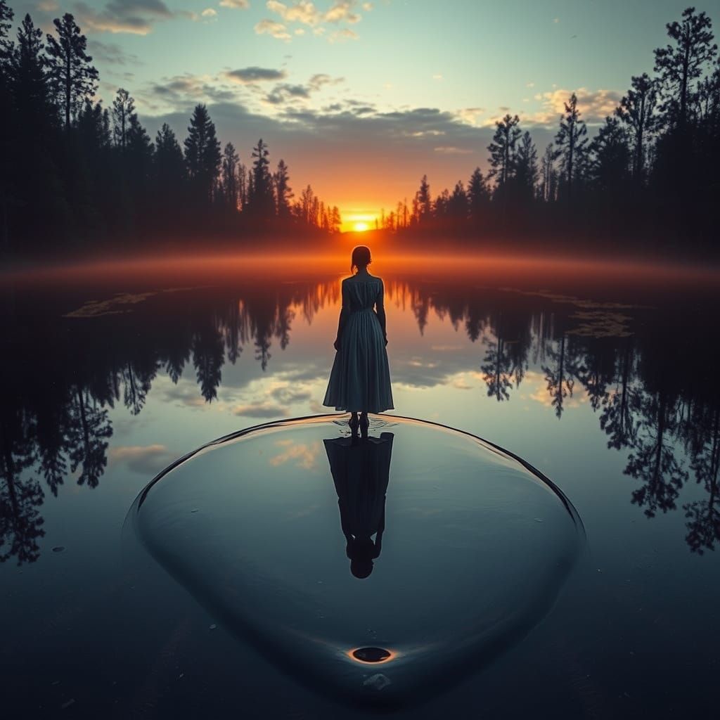 Serpentine Oil Woman in Lake at Sunset