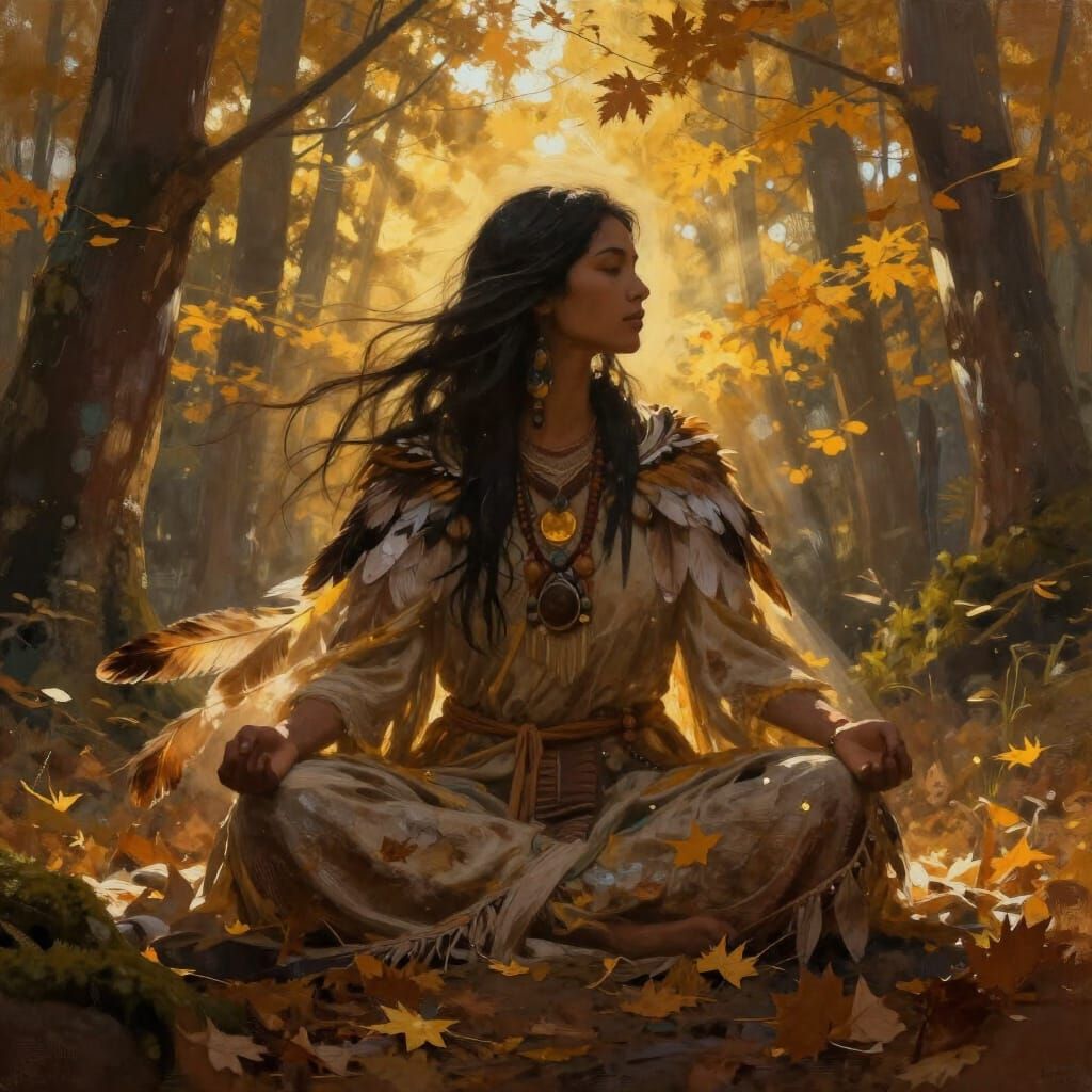 Native Spirit Guide Meditation in Autumn Forest Double Expos...