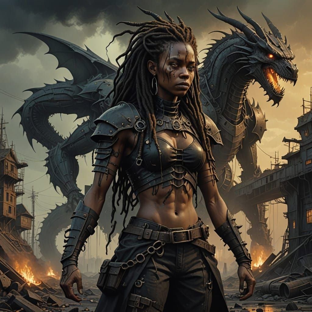Sombre Dragon Goddess with Dreadlocks and Dragon Tail