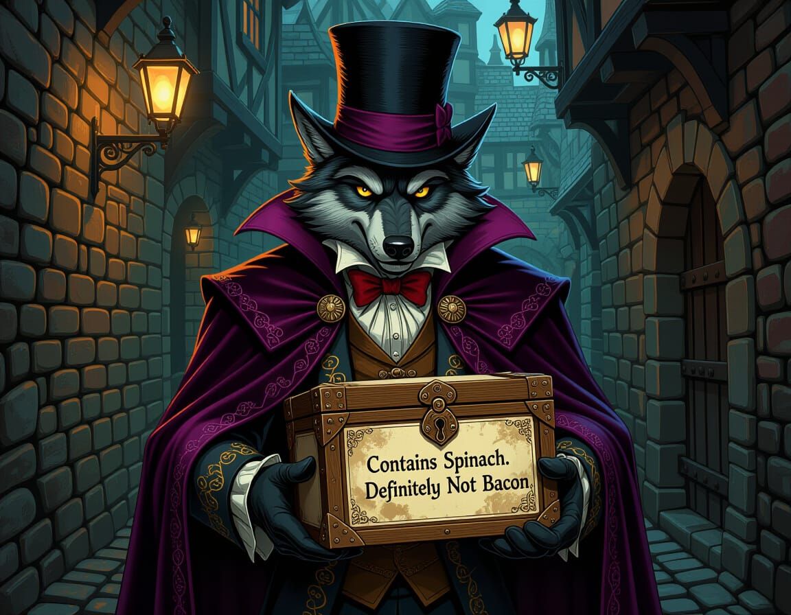 Medieval Wolf Holds 'Spinach' Box in Alleyway