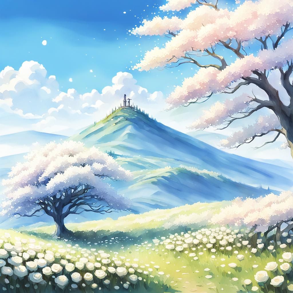 Blossom Tree on Hill in Anime Key Visual Style