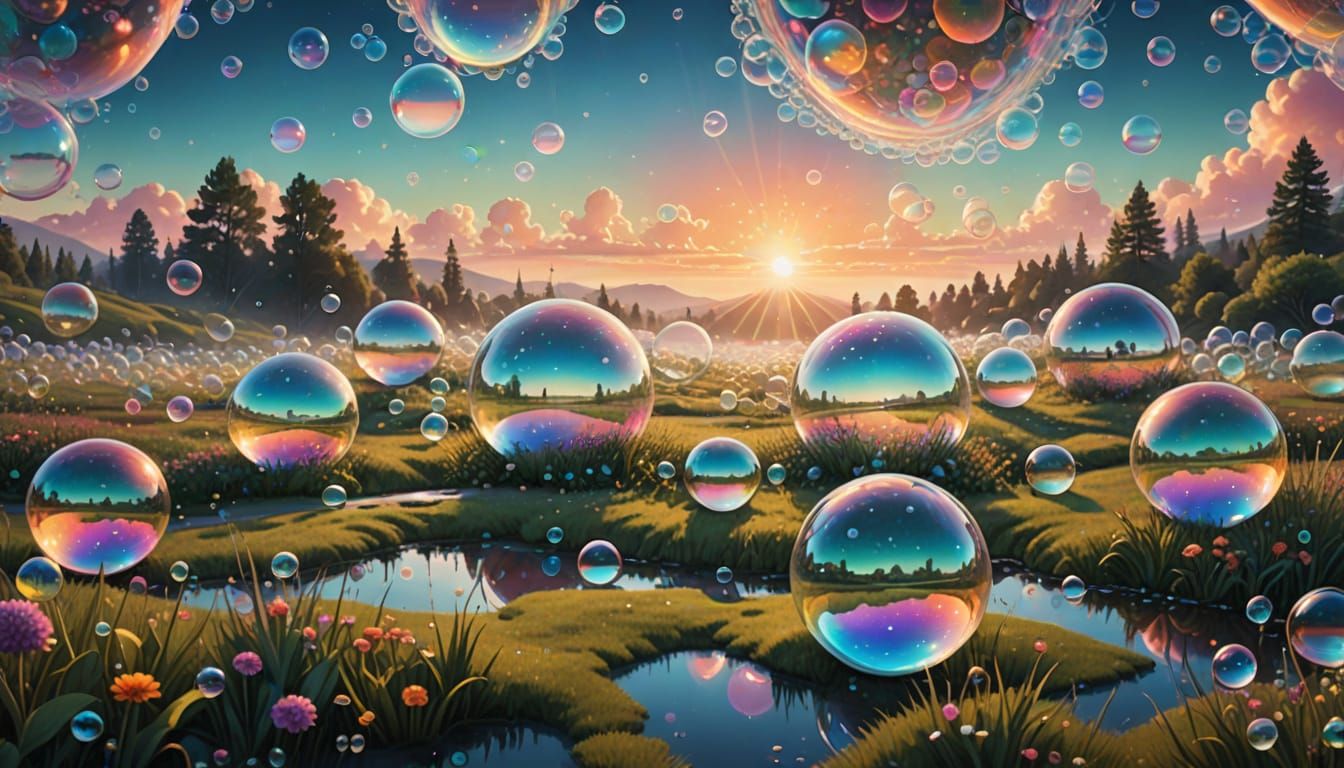 Surreal Iridescent Bubbles Reflecting Landscapes