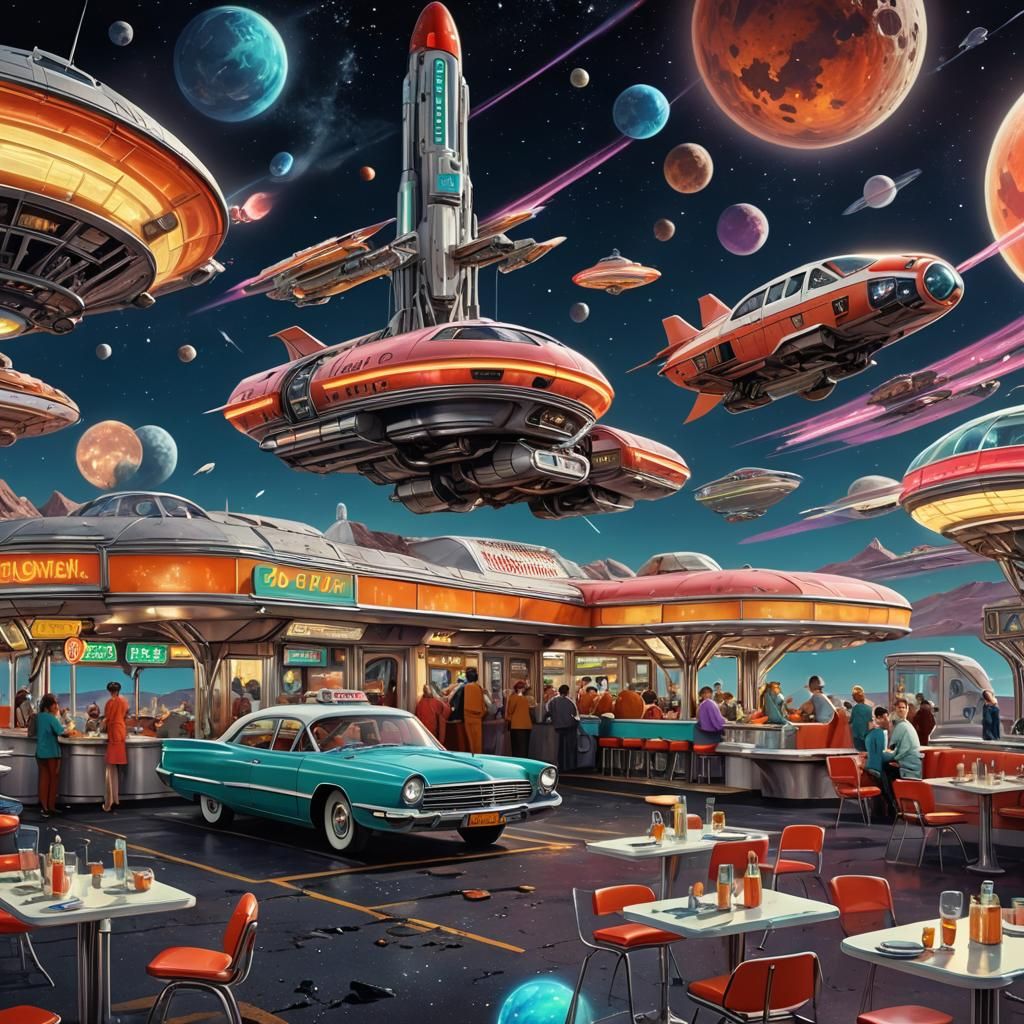 Retro Sci-Fi Diner on Asteroid with Flying Cars
