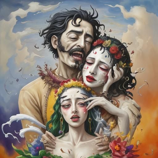 Boy Displaying Varied Emotions in Surreal Impasto Style