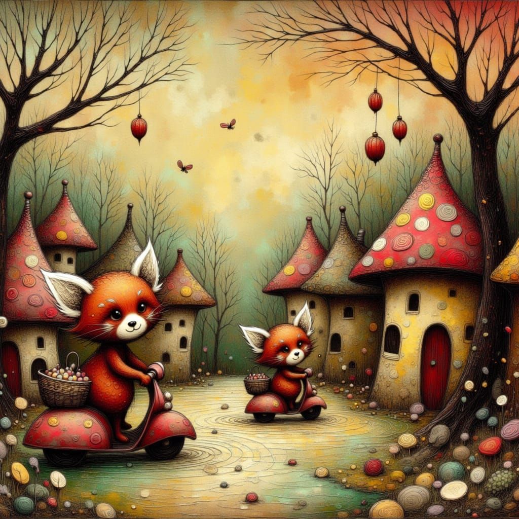 Whimsical Fantasy Village with Red Pandas on Scooters