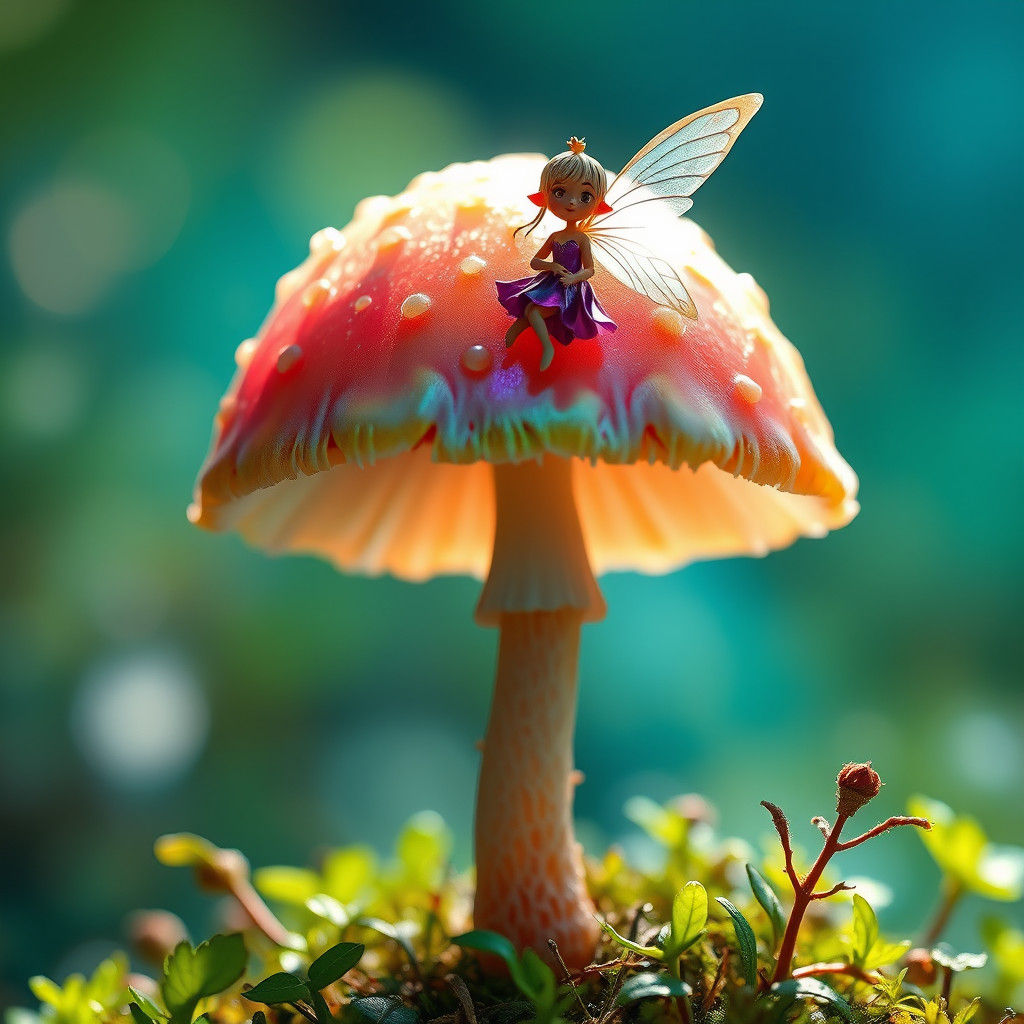 Mischievous Fairy on Iridescent Mushroom in Fantasy Realm