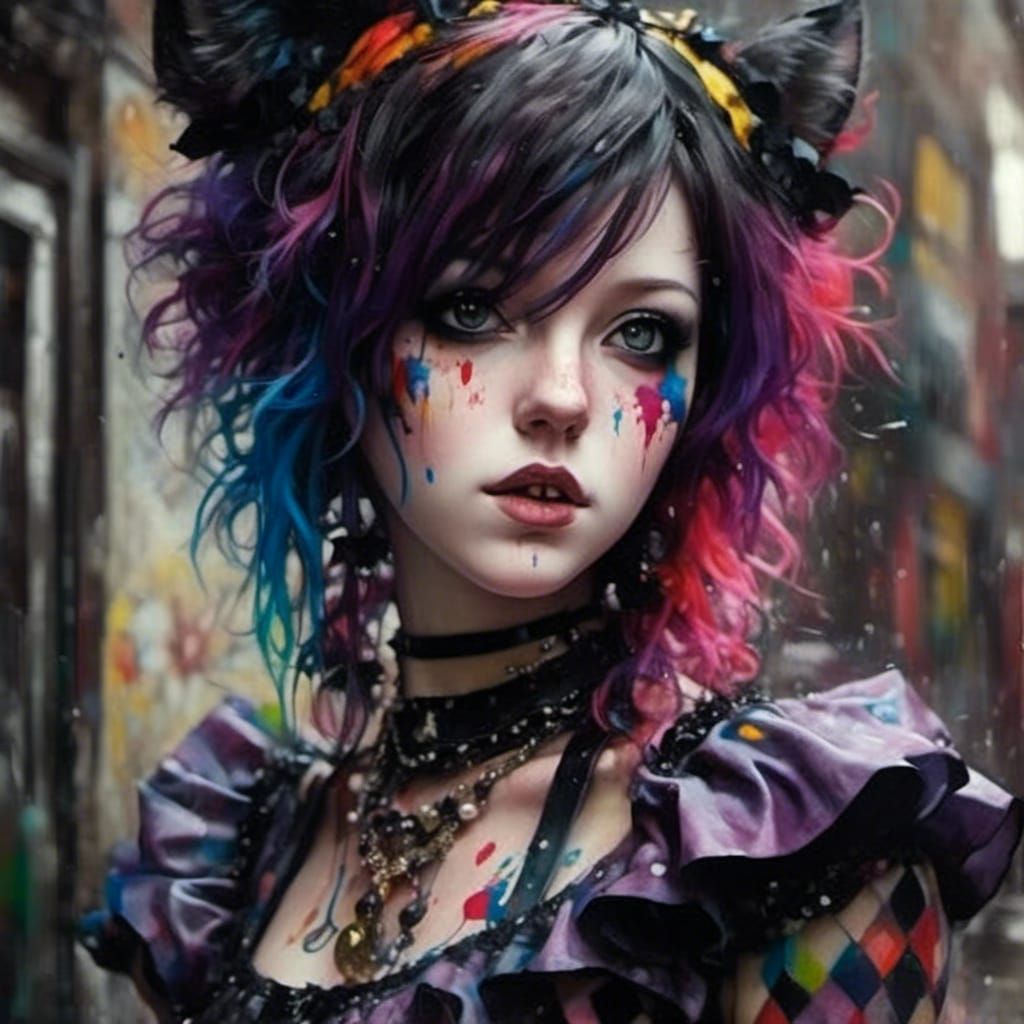 Porcelain Harlequin Doll in Graffiti Street Art