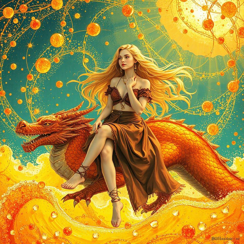 Woman on Gummy Dragon in Effervescent Soda Sea