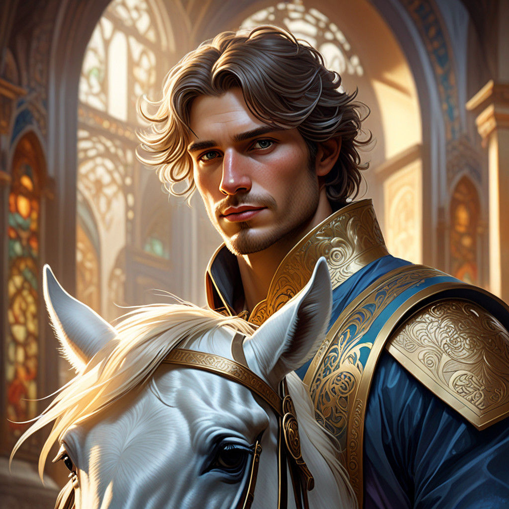 Aristocratic Prince Rides Majestic White Horse in Art Nouvea...