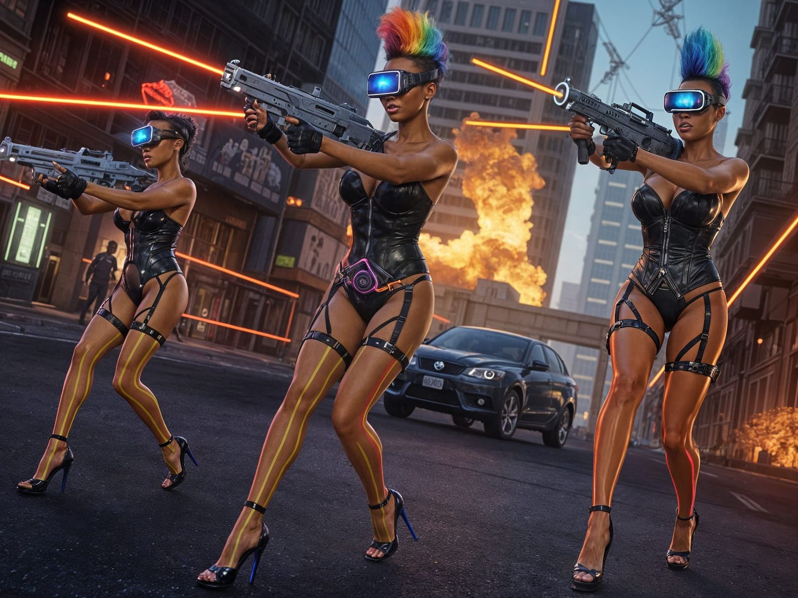 Cyberpunk Transgender Warriors in Neon City Battle