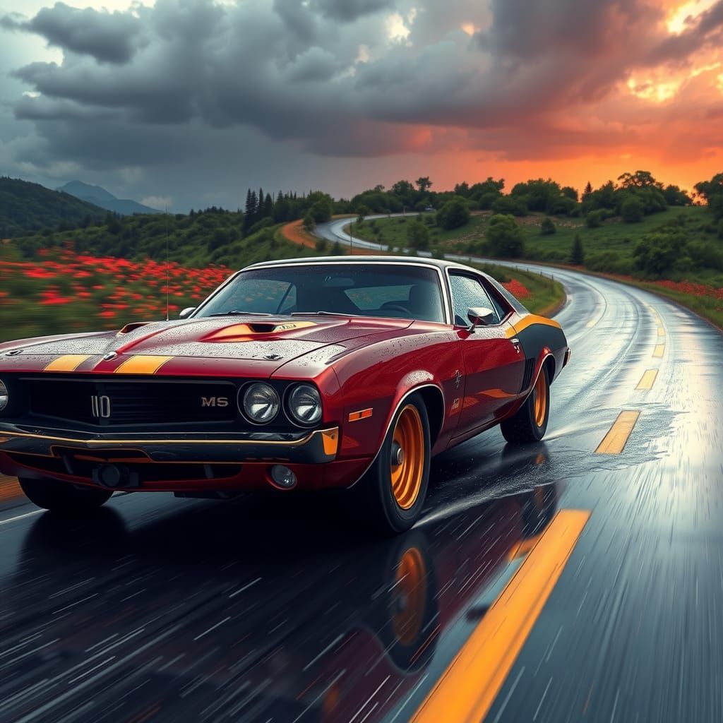 Maroon Muscle Car on Rainy Country Road