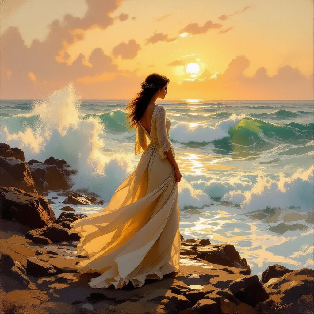 Romantic Woman by the Sea in Golden Light