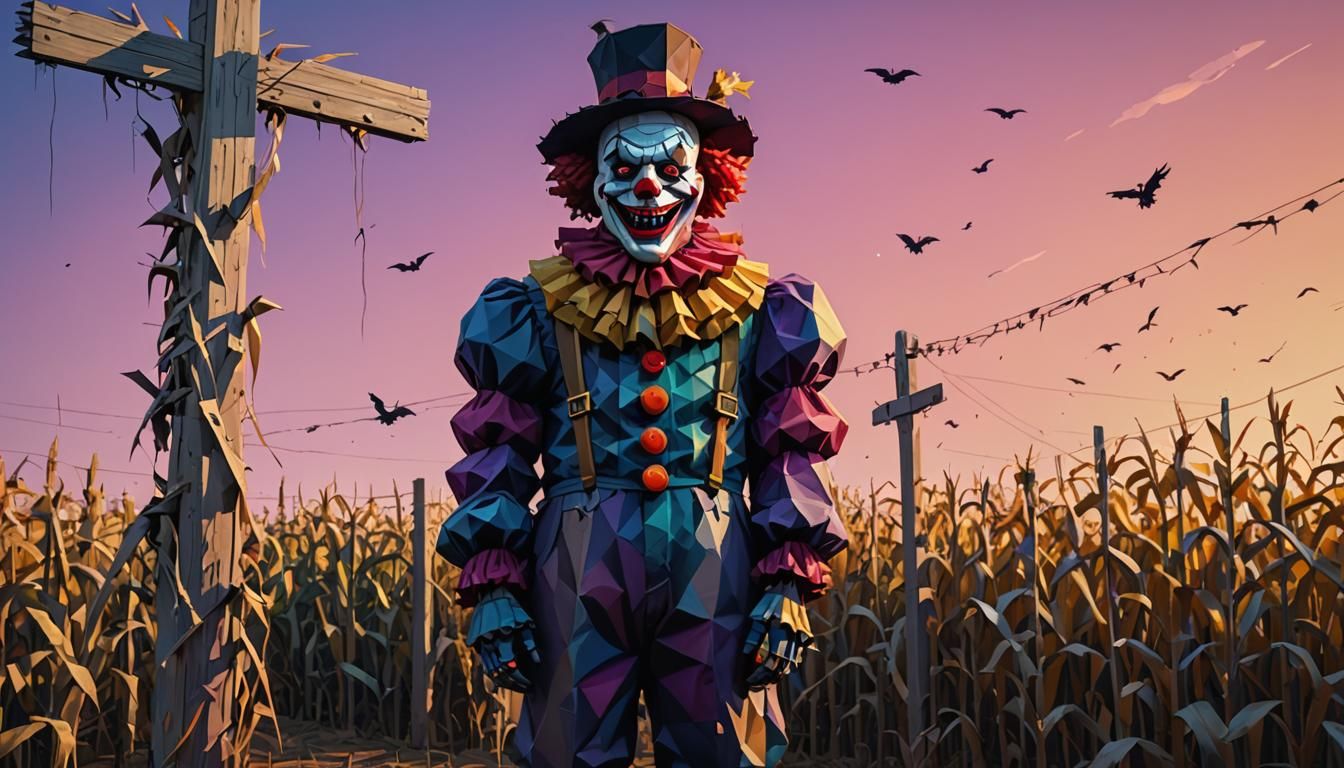A scary clown scarecrow with a killer smile with a desolate ...