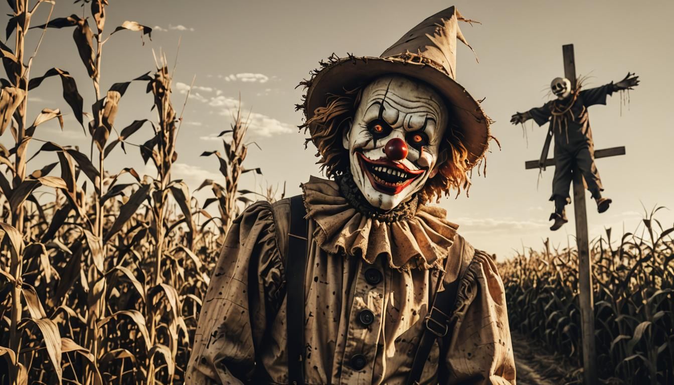 A scary clown scarecrow with a killer smile with a desolate ...