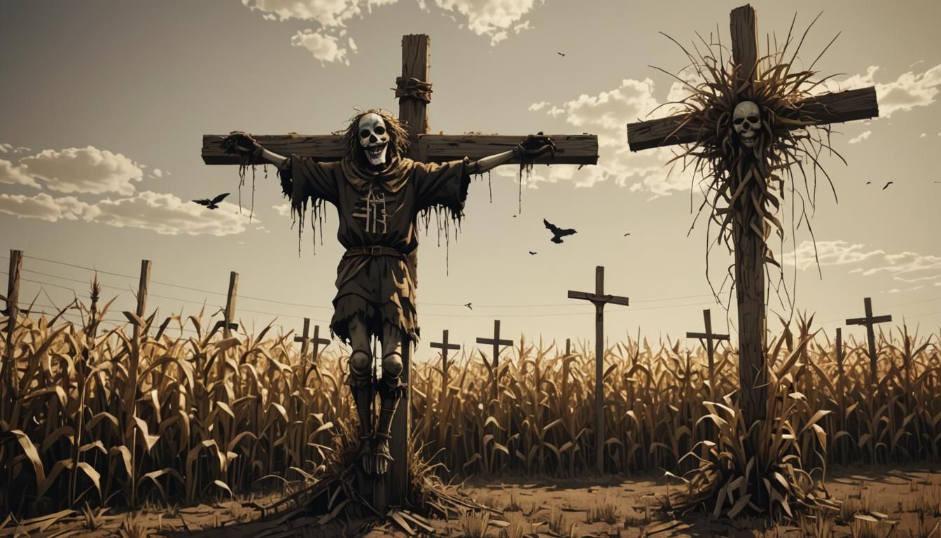 A scary clown scarecrow with a killer smile with a desolate ...
