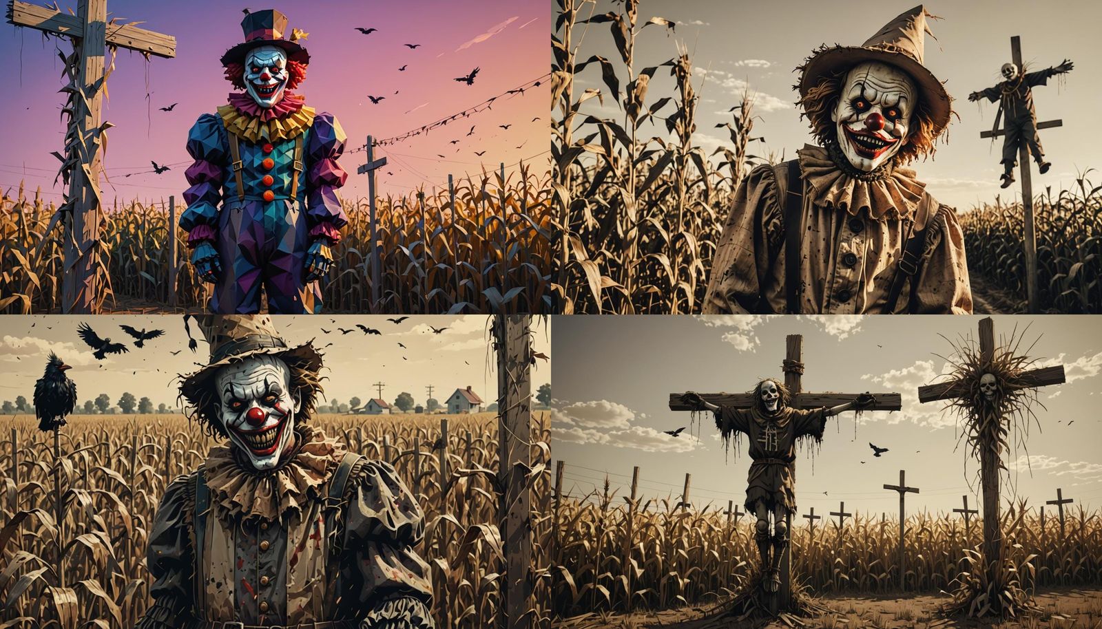 A scary clown scarecrow with a killer smile with a desolate ...