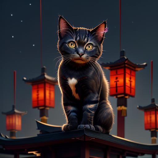 Ninja Kitten on Pagoda in Silkpunk Style