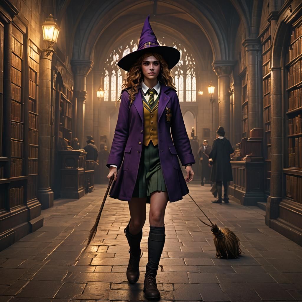 hermione granger in a slytherine school uniform and witch ha...