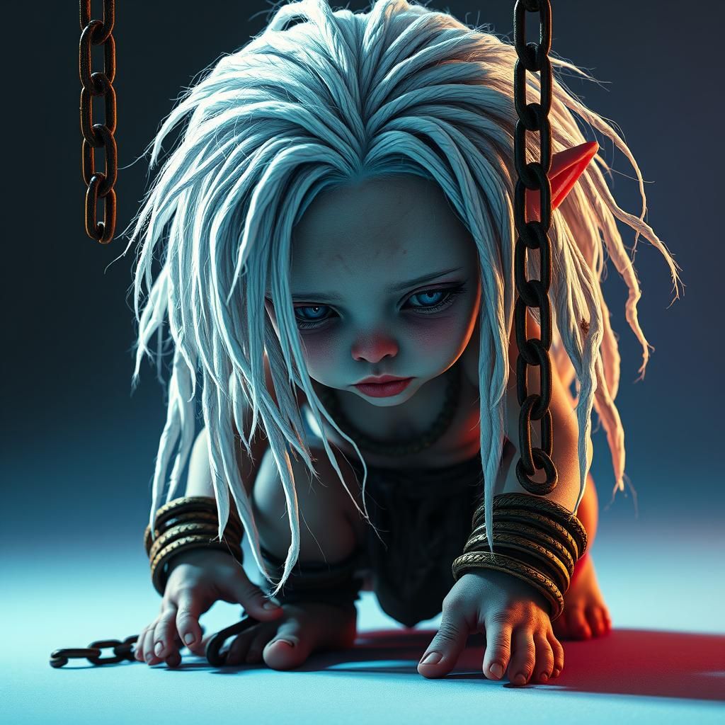 Melancholic Albino Dwarf in Chains: Hyperrealistic Concept A...