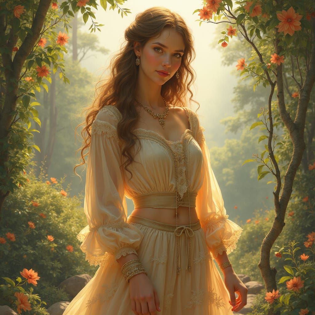 Elegant Woman in Serene Landscape: Art Nouveau Style