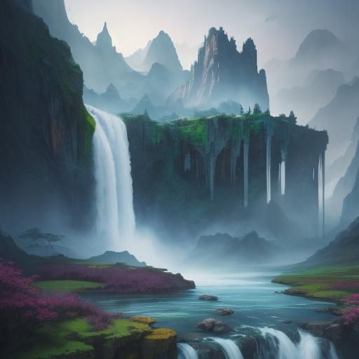 Minimalist Watercolor Waterfall in Detailed Matte Painting