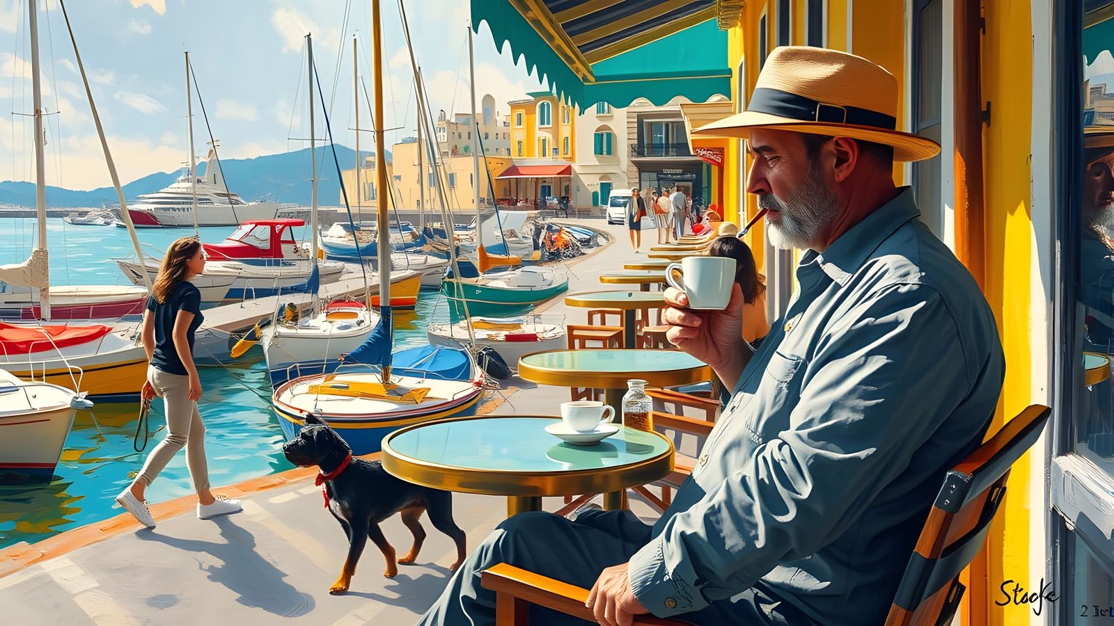Impasto Painting: Man at Port Bar in Yellows and Blues
