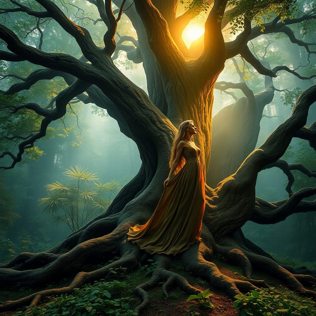 Mystical Tree Artist Draws Elegant Woman in Forest