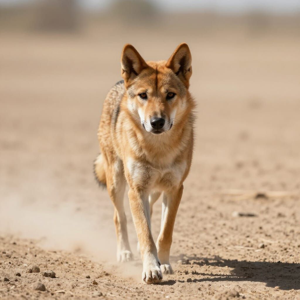 Hyperrealistic Dingo Walks Toward Viewer on Dusty Plain