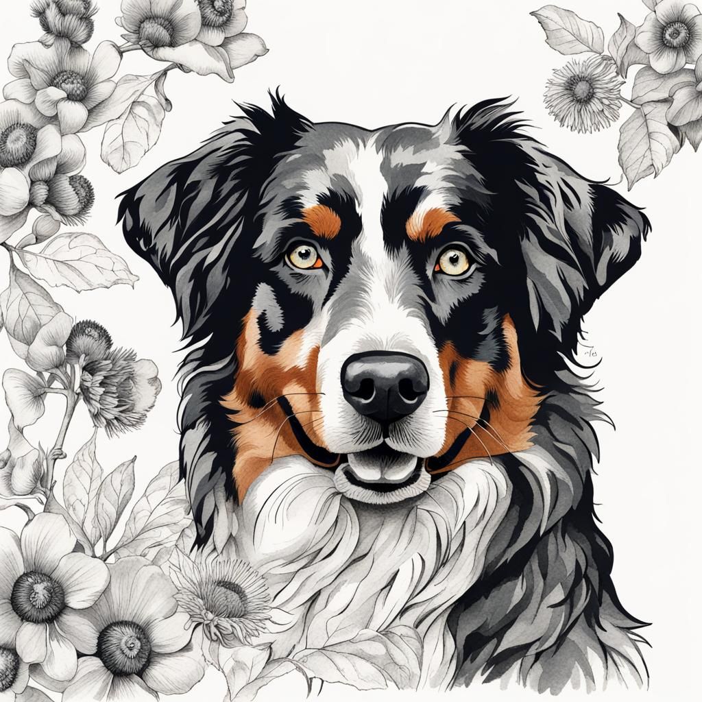 Botanical Ink Australian Shepherd Portrait