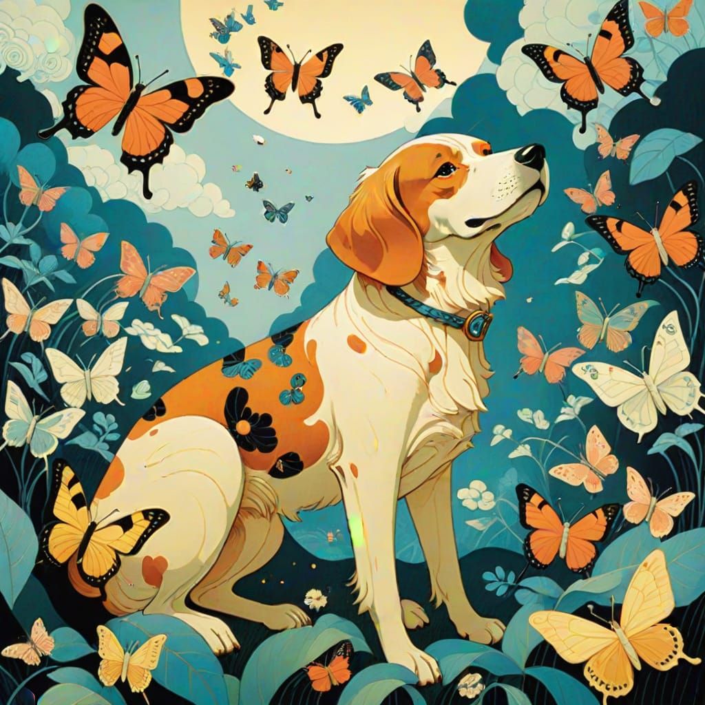 Dog and Butterfly in Fantasy Illustration Style