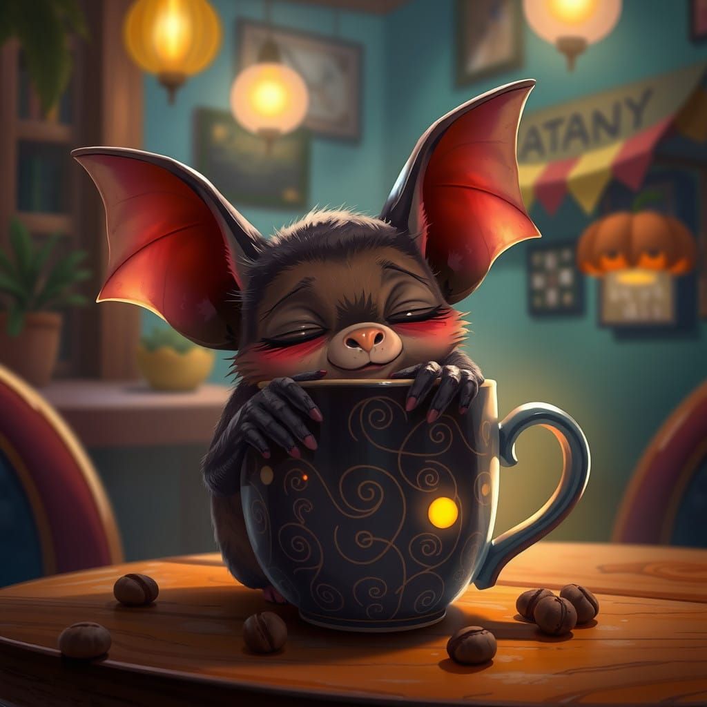 Adorable Bat Sips Coffee in Warm Café Atmosphere